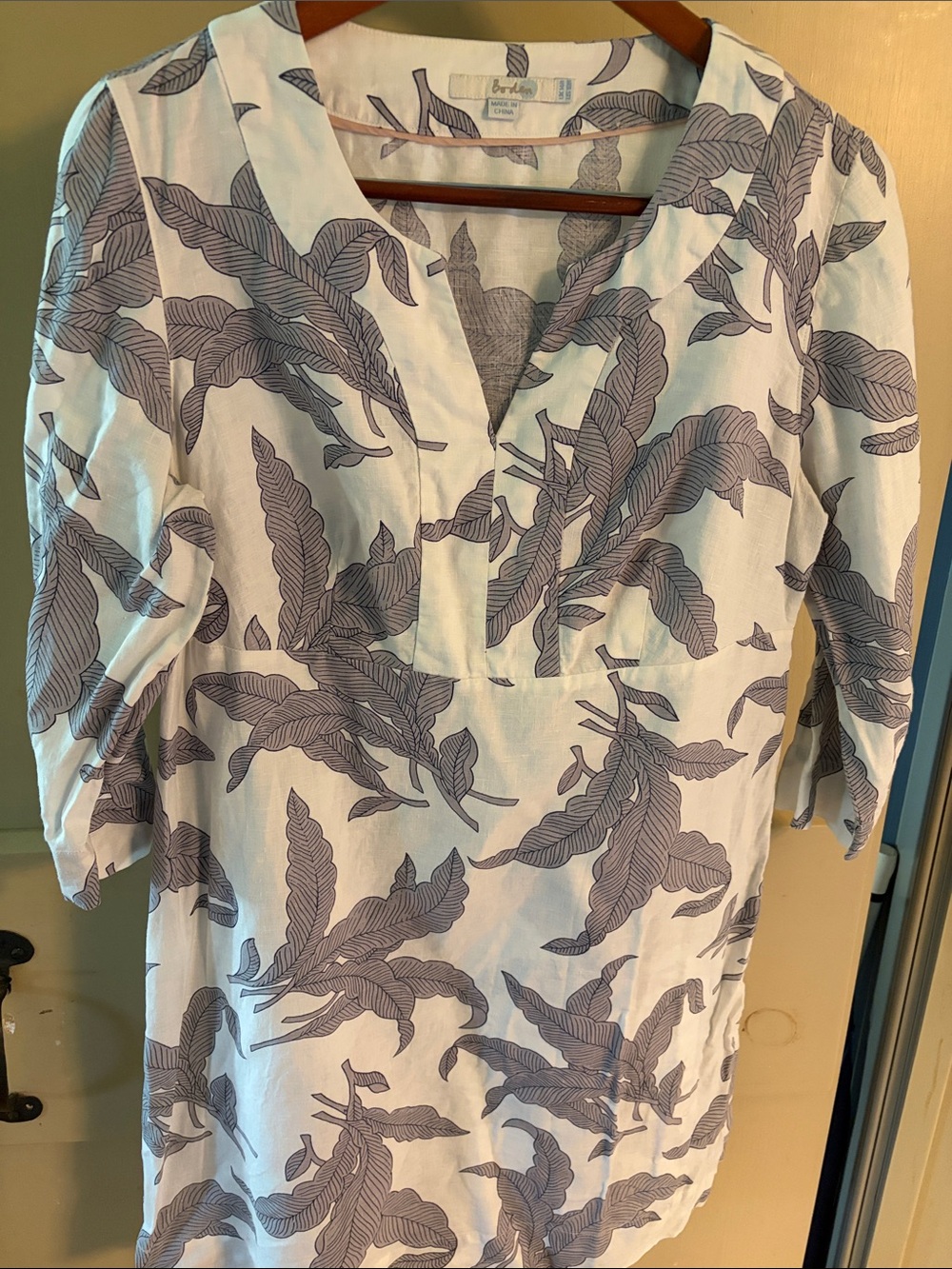 Boden White Tunic with Navy Leaf Print